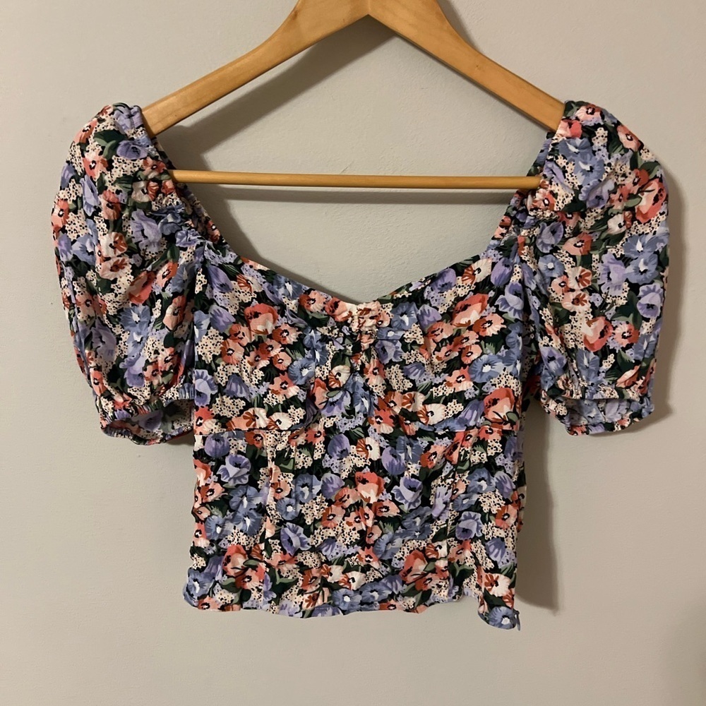 & Other Stories Floral Puffsleeve Ruched Top Size 2/XS